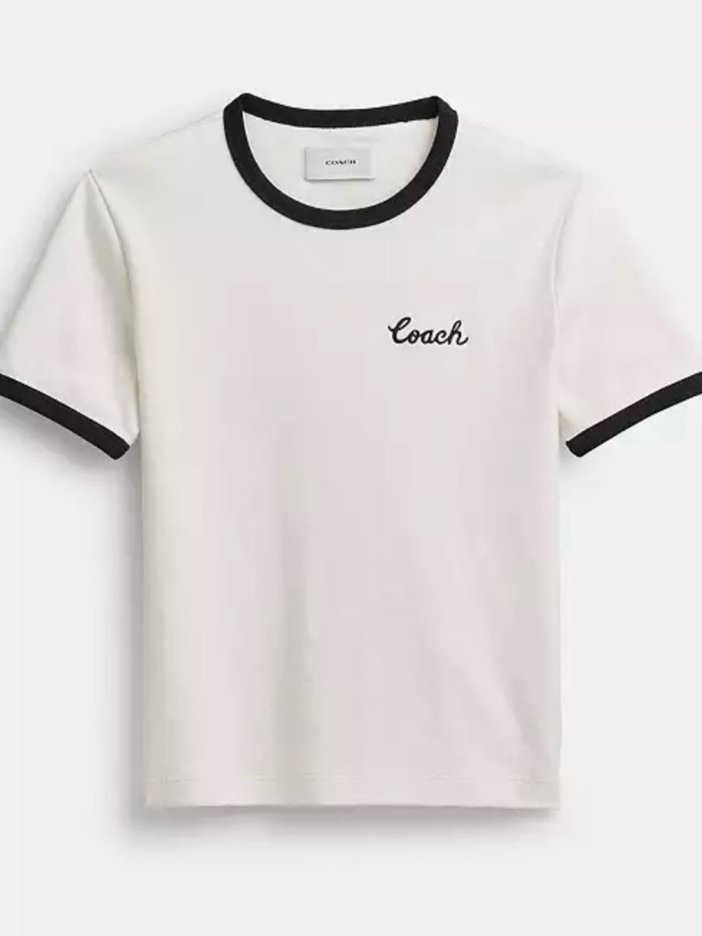 Coach Women’s White Short Sleeve Tee with Black Trim and Script Logo Size Large